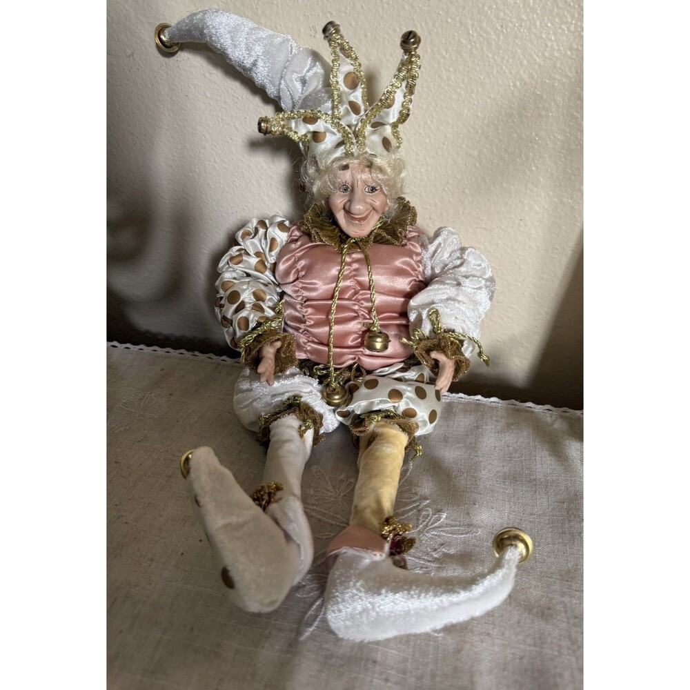 Jester Doll Old Lady Hand Painted 22" Satin Velvet Bells Cream Pink